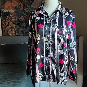 Victoria's Secret Black Satin Pajama Set with Pink and Cream Floral Print